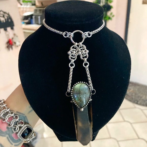 labradorite & Smokey crystal quartz maille stainless steel boho goth necklace - Picture 2 of 15